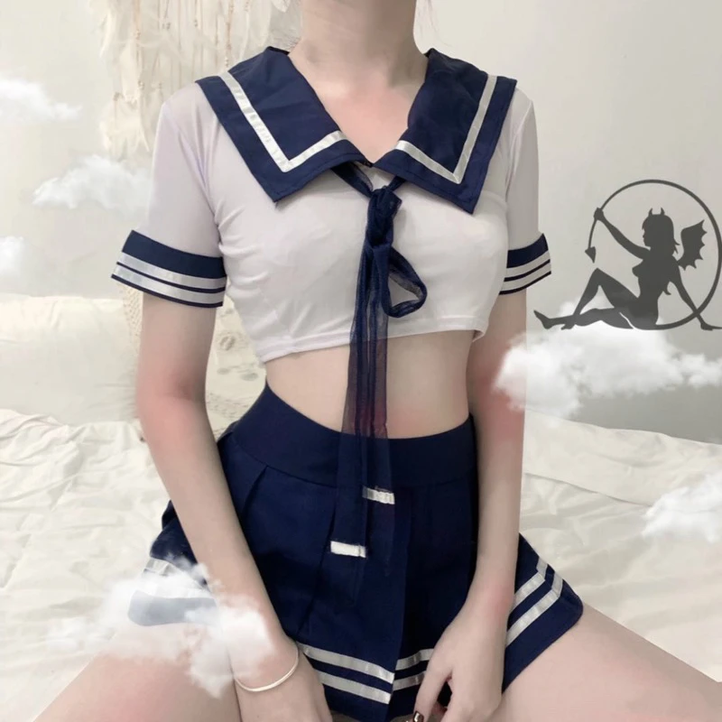 Girl Erotic Lingerie Role-playing Suit See Through Crop Top&Plaid Mini Skirt Women Schoolgirl Cosplay Costume Sex Uniforms