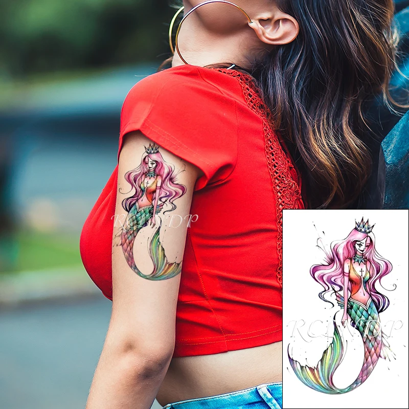 Waterproof Temporary Tattoo Sticker Color Sexy Mermaid Long Hair Girl With  Crown Cross Fake Tattoo Flash Tattoo For Women Men - Temporary Tattoos -  AliExpress