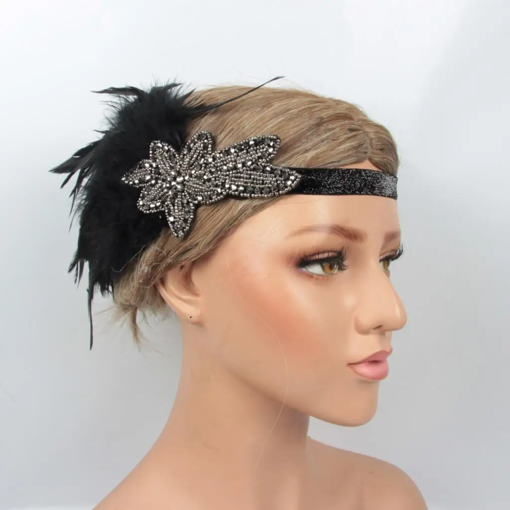 Women's Vintage Feather Headband, Black Rhinestone Applique 20s Flapper Headband - Roaring 1920s Headpiece - Shiny Elastic Band