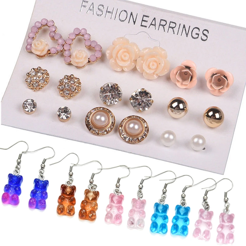 de 12/ 9 par/set de pendientes de cristal para mujer, de flor de perla, niña, elegante flor rosa, corazón, joyería para la oreja, regalo|Aretes| - AliExpress