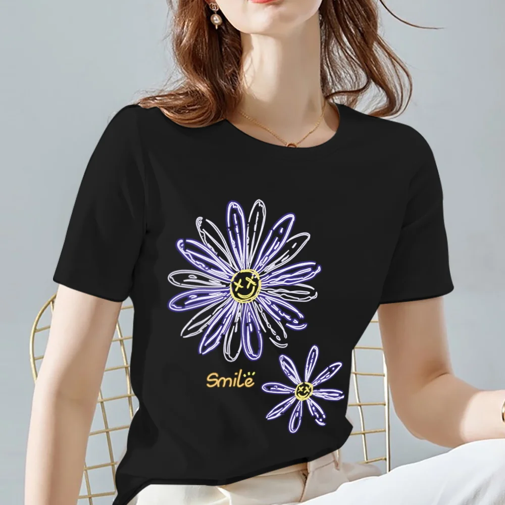 Women T-Shirt Vintage Daisy Flower Pattern Print Series Summer Black All-match O Neck Short Sleeve Tees Casual Tops XXS-3XL palm angels t shirt