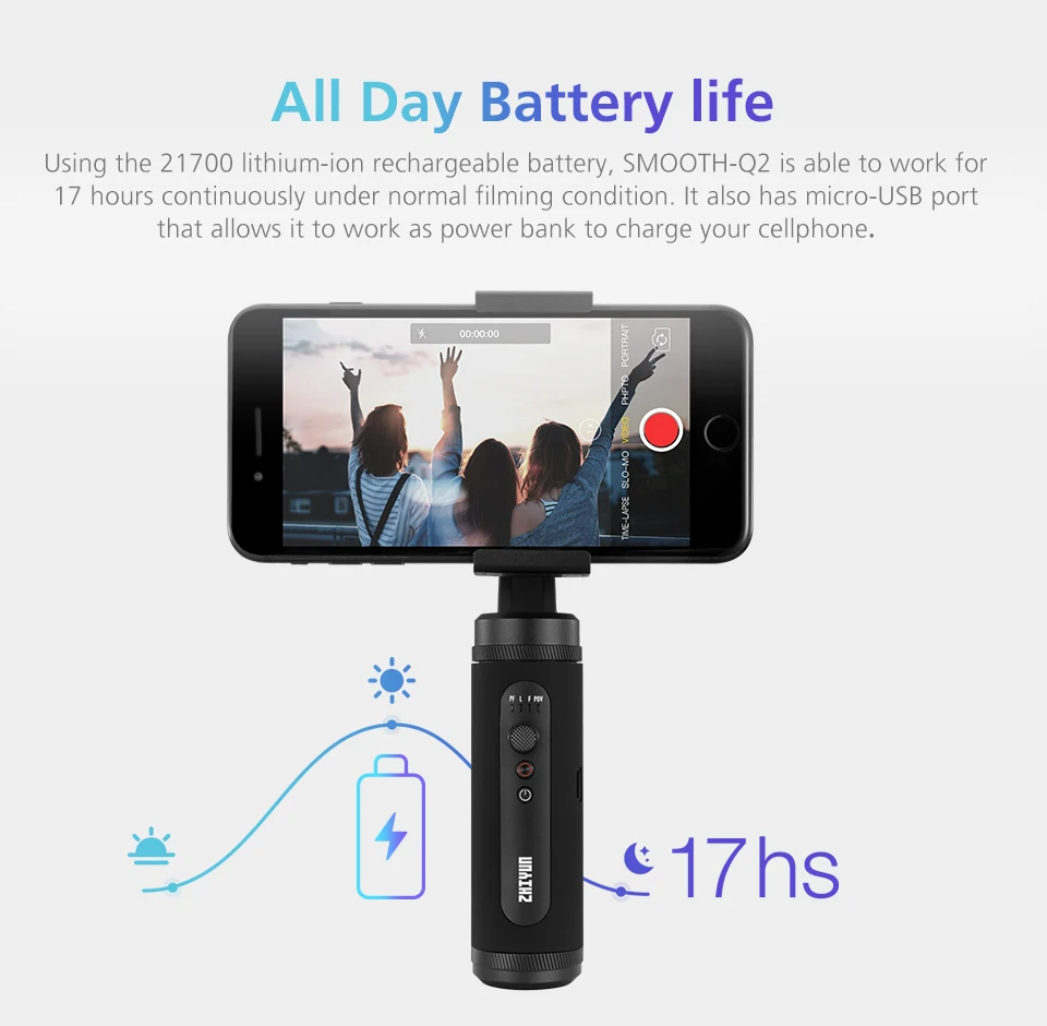 Zhiyun Smooth Q2, 3-х позиционный ручной карданный стабилизатор для смартфонов iPhone, samsung, huawei, экшн-камеры Gopro Hero 7/6/5/4