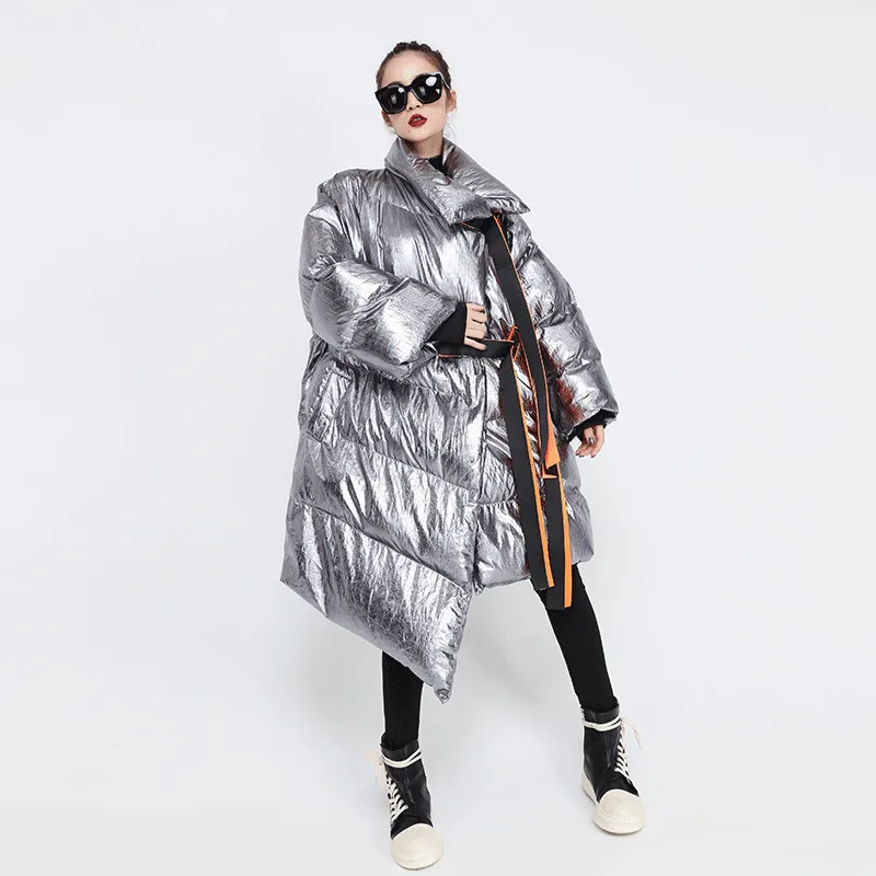 Зимние пальто, новинка, европейский стиль, свободное теплое хлопковое пальто, индивидуальное пуховое глянцевое пальто с неровной подкладкой, модная ветровка - Цвет: Серебристый