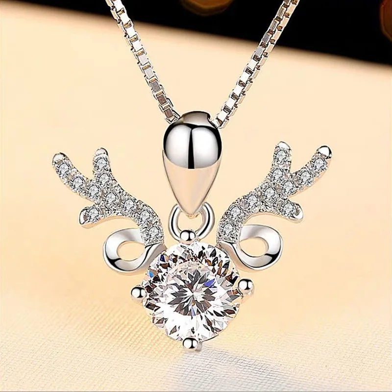 

Cute Elk Zircon Necklace Sweet Romantic White Crystal Chain Necklace Girls Birthday Christmas Gifts Chain Lover's Jewelry