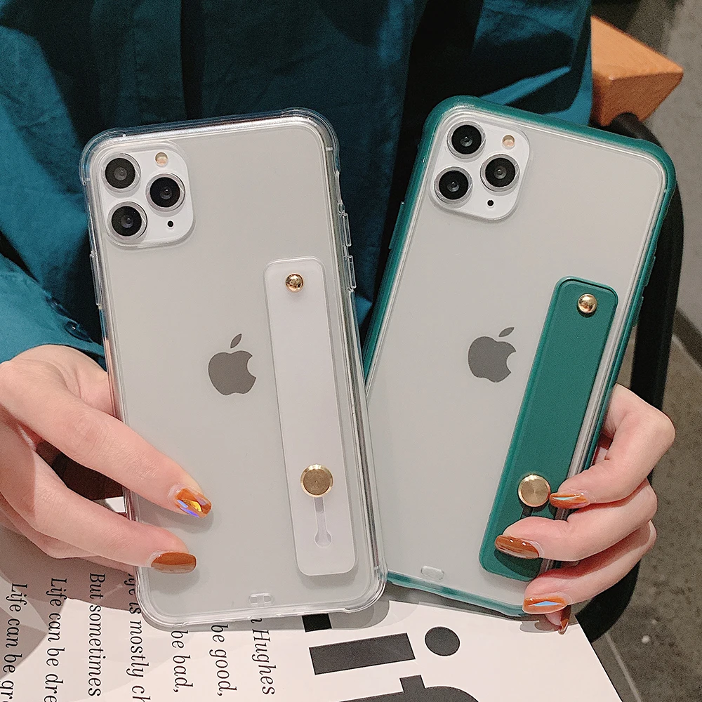 

Shockproof Bumper Transparent Phone Case For iPhone 11 Pro X XR XS Max 8 7 6 6S Plus Clear Soft TPU Wrist strap stand Back Cover