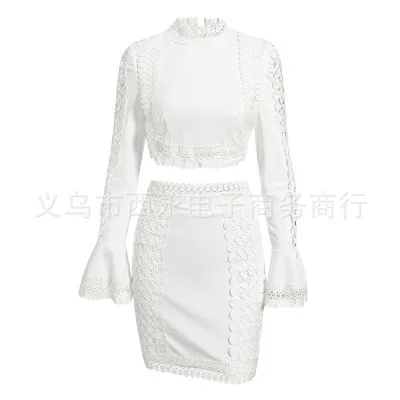 Европейский и американский темперамент новая юбка костюм женский белый кружевной рукав труба рубашка короткая юбка костюм - Цвет: Белый
