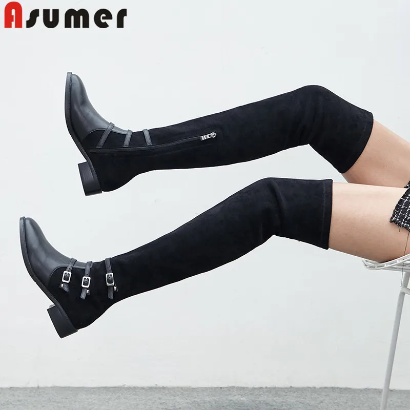 Женские ботфорты из коровьей кожи ASUMER черные на квадратном каблуке с