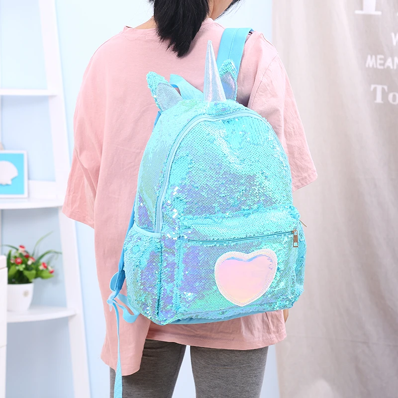 Girl Sequin Mermaid Backpack Children Large Zipper Unicorn Schoolbag Teenager Hologram Heart Love Backpack For School Travel Bag