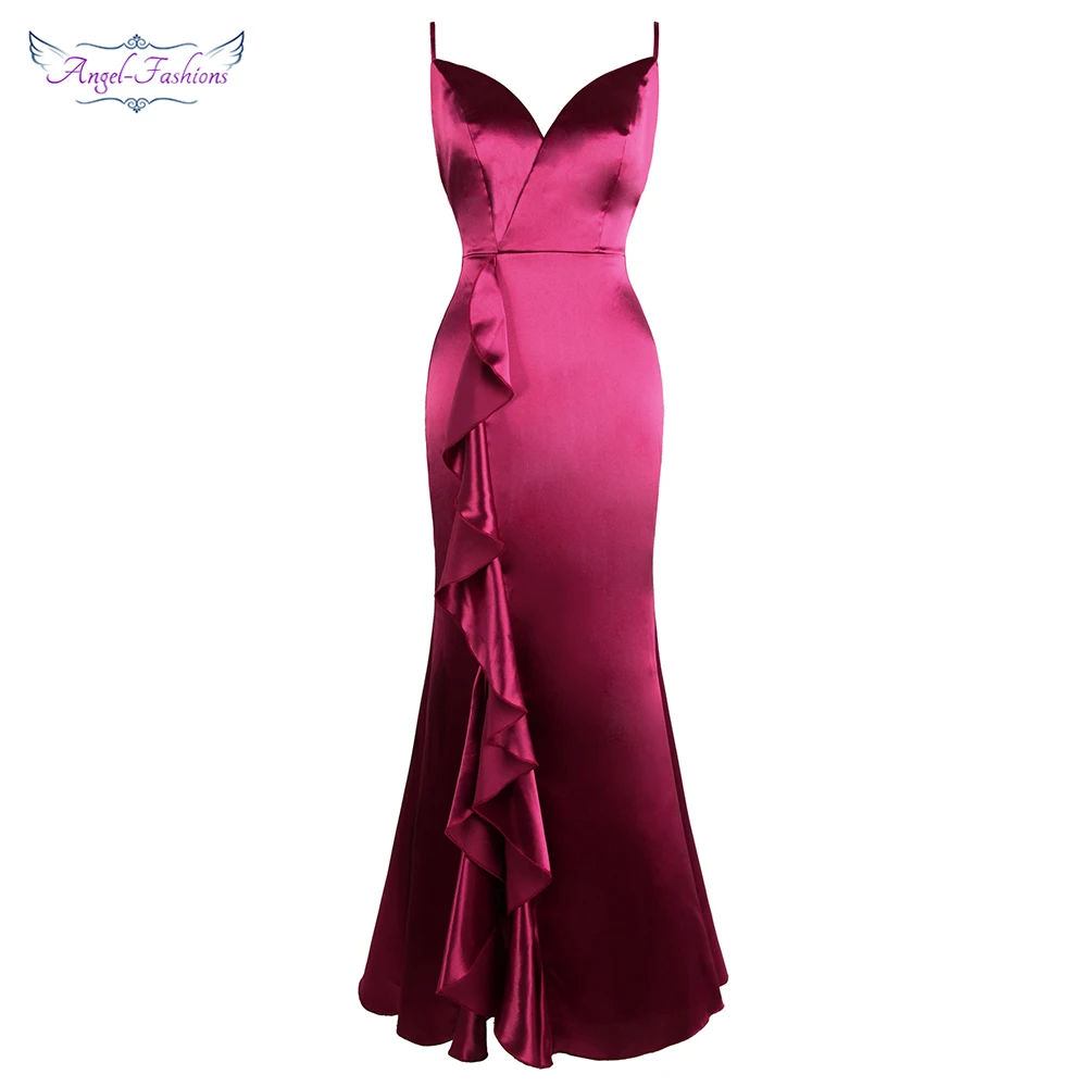 Angel-fashions Women's Spaghetti Strap V Neck Satin Slit Ruffles Backless Maxi Bodycon Sexy Prom Dress Rose 475 | Свадьбы и