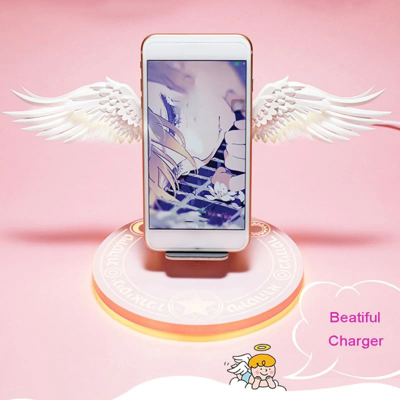 Fast Wireless Charger Mobile Phone Power Bank LED Angel Wings Wireless Charging Dock 10W Charger