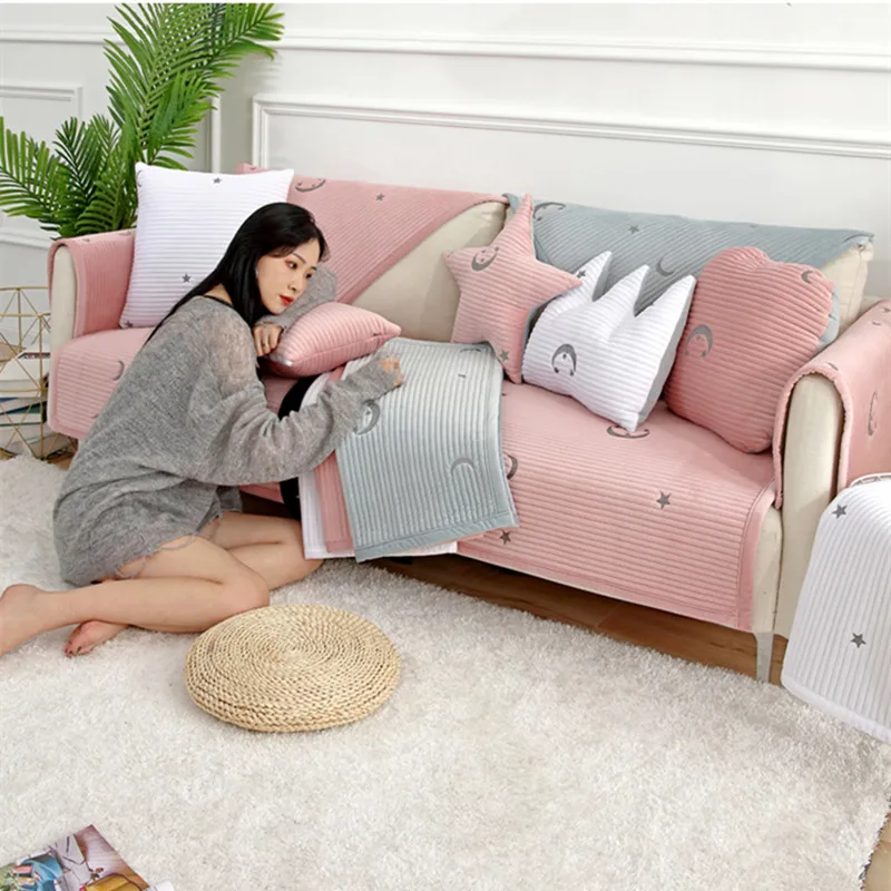 High-grade embroidery New short plush fabric Winter sofa cushion slip combination sofa cover backrest towel cushion four seasons
