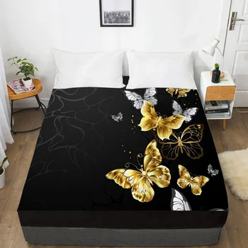 

3D Bed Sheet with Elastic Fitted Sheet Double Mattress Cover 135/150/180/200/160x200 Black Gold Butterfly Bedding Wedding