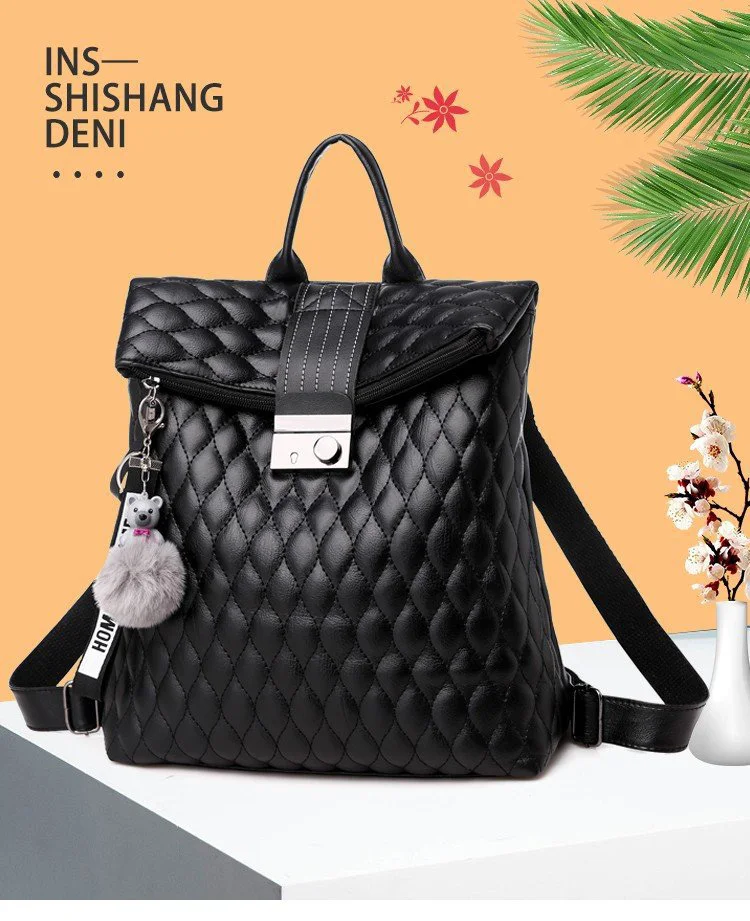 2019 Brand Designer Women's Quilted Leather Backpack Purse Ladies Fashion Leisure Rucksacks Anti Theft Backpacks with Lock Black (3)