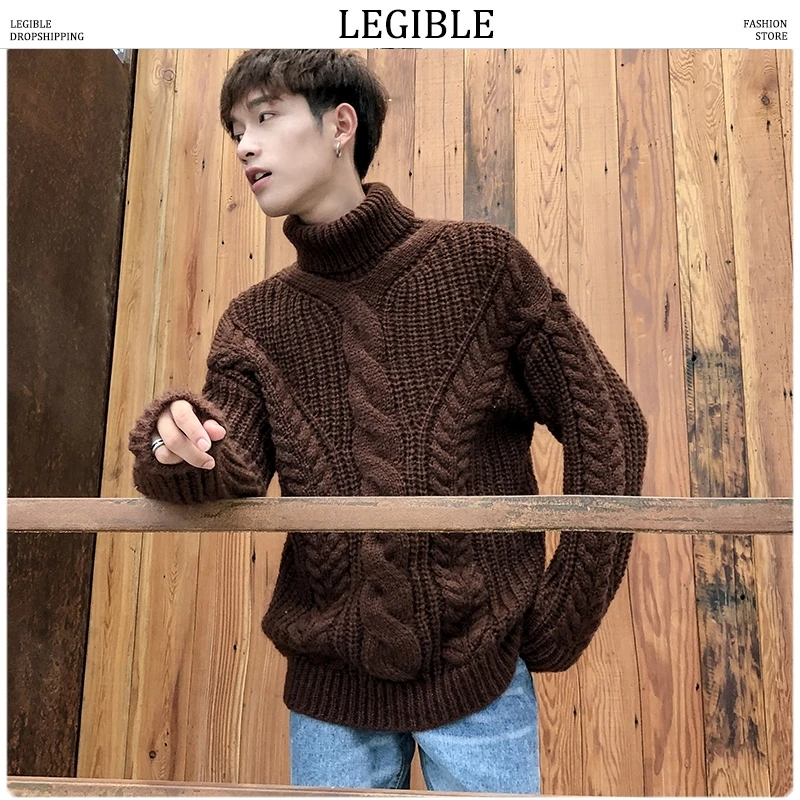 Модные мужские однотонные свитера из грубой шерсти на осень и зиму, корейские модные пуловеры с высоким воротом, мужская теплая одежда
