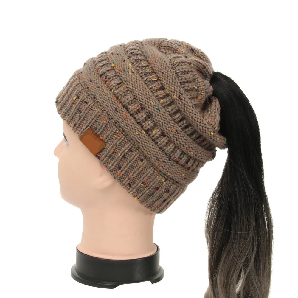 25 цветов конфетти Ponytai l Beani e для вязаный бюстгальтер шапка Skullies Beanies теплая шапка s Женская вязаная Стильная шапка с биркой - Цвет: Khaki