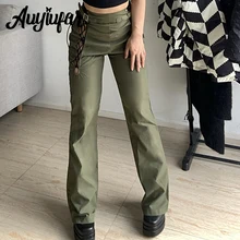 

Auyiufar Green Bandage Fairy Grunge Boot Cut Pants Y2k Aesthetic Hollow Out Streetwear Retro Fashion Trousers Casual Women Pants