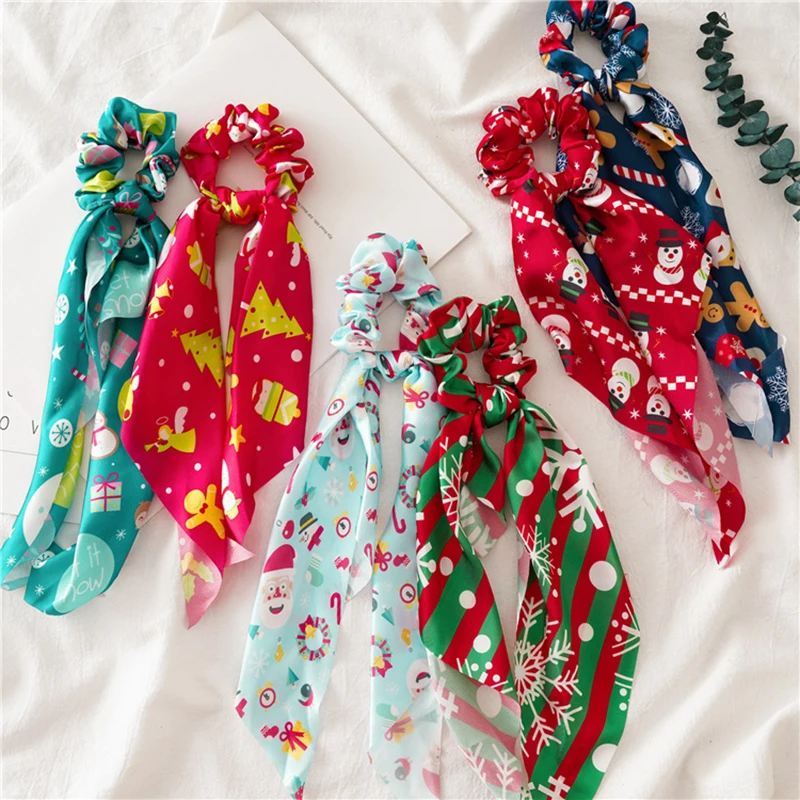 

Christmas Scrunchies Xmas Print Hair Rope Elastic Hair Bands Ponytail Hair Ties Bow Hair Scarf Streamers Hair Accessories Women