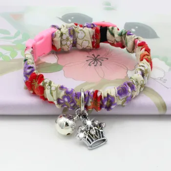 

Color Japanese Printing Flowers Elastic Stretch Adjustment Pet Cat Puppy Dog Collar Alloy Crystal Bell 5pc/lot