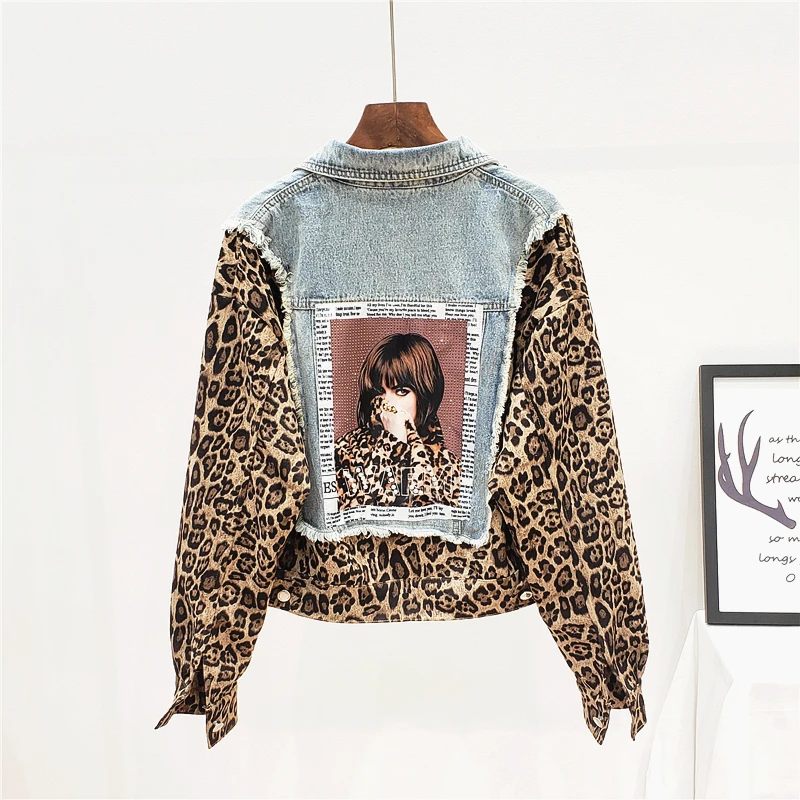 

Vintage 2020 Punk Applique Beading Women Denim Jacket Autumn Harajuku Leopard Jean Jackets Coat Loose Fashion Streetwear