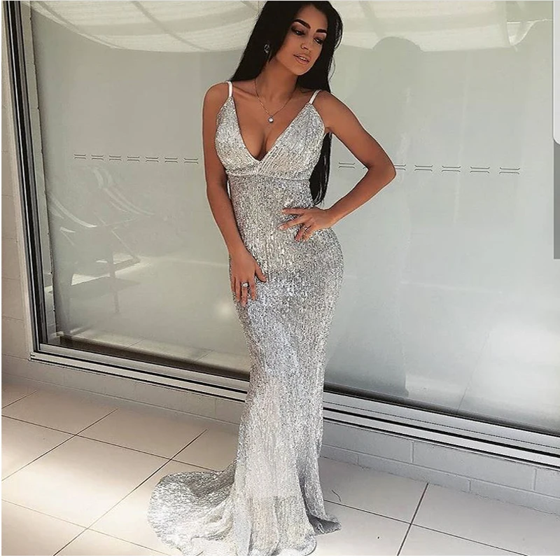 Miglior Sexy Stretch Argento Sequin Maxi Abito a Sirena di Lunghezza Del Pavimento Del Partito del Vestito Imbottito Con Scollo A V Backless Del Vestito Verde Smeraldo Rosso Oro nero