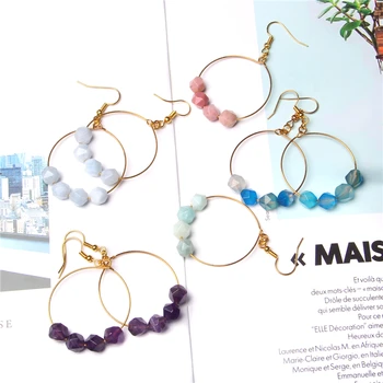 

Fashion Big Circle Earring with Natural Facted Stone Beads Drop Earrings for Women Gems Round Statement Eardrop Female Jewelry