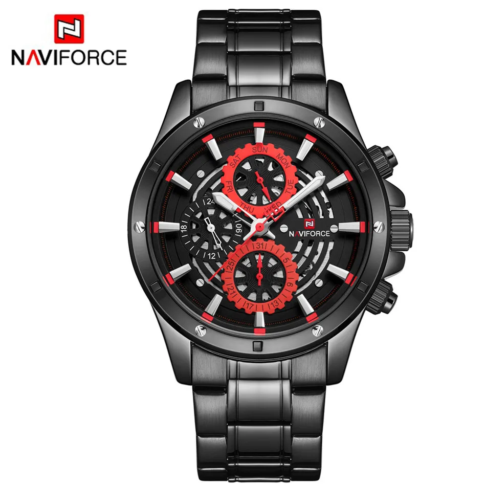 red-black NAVIFORCE мужские спортивные часы, мужские роскошные Брендовые повседневные кварцевые часы, водонепроницаемые военные часы, модные трендовые мужские часы, Busi - Цвет: red-black