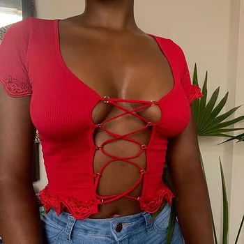 

Solid Color Summer Lace Up Women Tops T-Shirts Short Sleeve Fashion Sexy Deep V Neck Female Tops Lace Knitted T-shirt Streetwear
