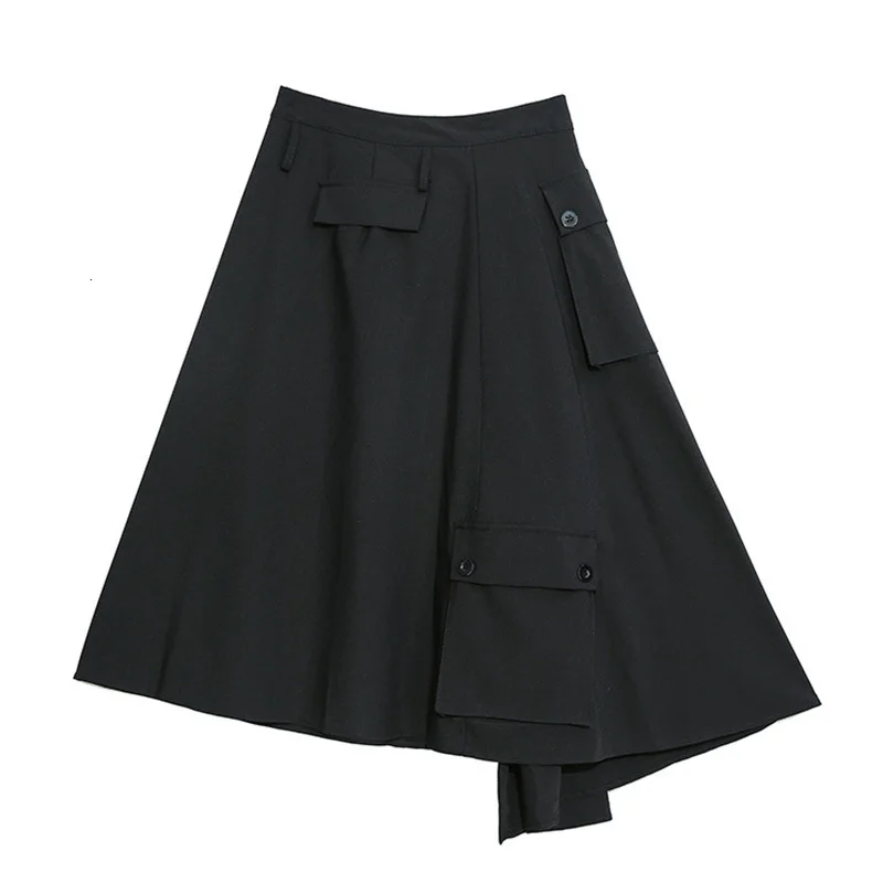 [EAM] высокая эластичная талия, черная пуговица, длинная темпераментная юбка, женская мода, новинка, весна-осень, 1M099