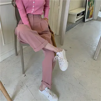 

Vintage Solid Loose High Waist All Match Slender OL 2020 New Arrival Brief Pants Retro Streetwear Straight Hot Trousers