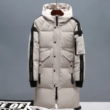 Модный длинный пуховик для мужчин/женщин, с капюшоном, с карманами, украшение, 90% белый утиный пух, пальто, ветрозащитная парка для мужчин, пальто для пар