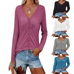 Nueva primavera y otoño de las mujeres de Color sólido breasted de manga larga de las mujeres de moda Casual blusa de talla grande S 3XL