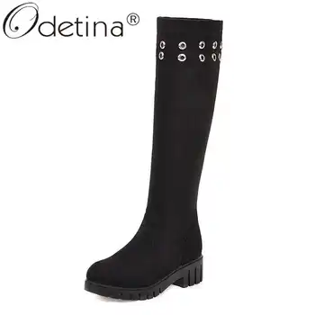 

Odetina New Fashion Women Slip On Chunky Low Heel Platform Knee High Boots Casual Round Toe Autumn Shoes With Studded Plus Size