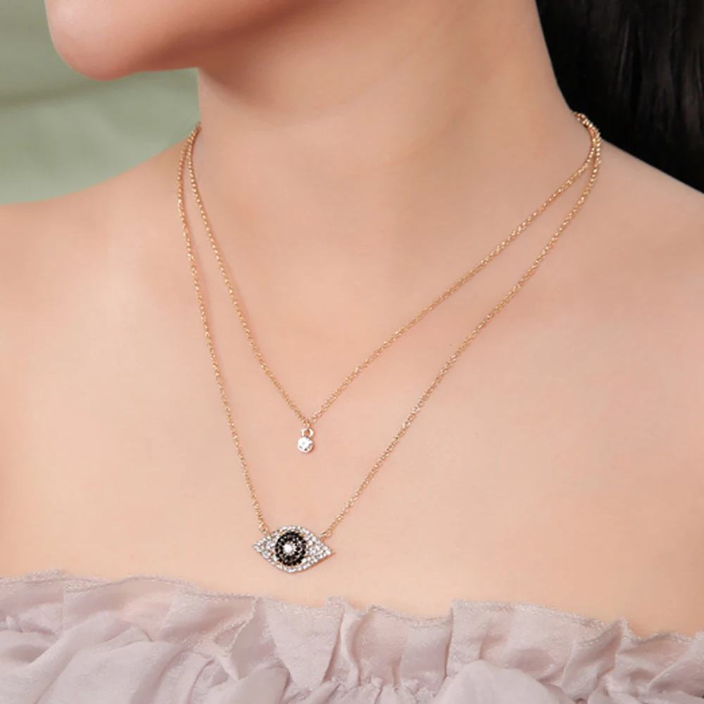 

Dawapara Trendy Women Double Layered Necklace Link Chain Artificial Crystal Eye Pendant Necklaces