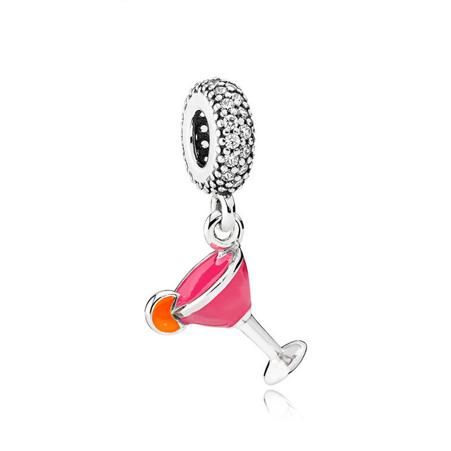 Real 925 Sterling Silver Pink Enamel juice heart sunset clip Charms Beads Fit 3mm Bracelet For Women Pendant Jewelry Making