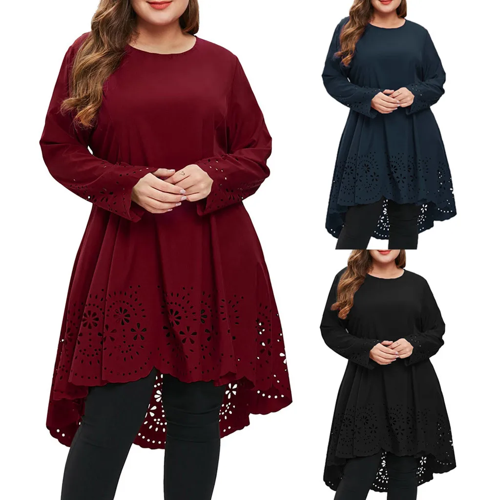 

2019 Top Fashion Plus Size 5XL Laser Cut High Low Casual Loose Dress Women Big Size Long Sleeve Cut Out Dresses Ladies