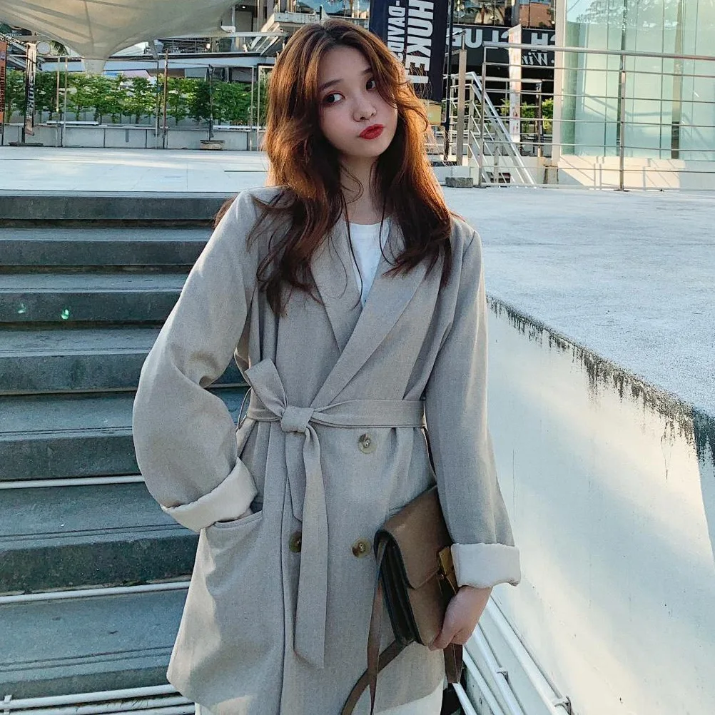 

Photo Shoot Oversize South Korea Light Gray Double Breasted Loose-Fit Mid-length Waist Hugging Lace-up Ol Suit Jacket Women's Au