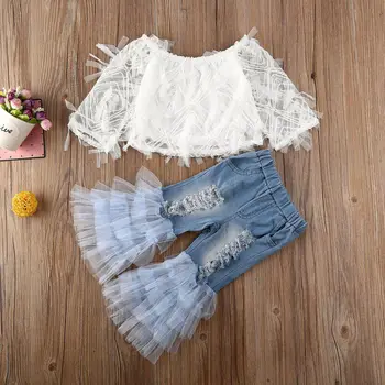 

Toddler Baby Kid Girl Clothes Lace Tops + Ruffle Hole Denim Pants Outfits Set