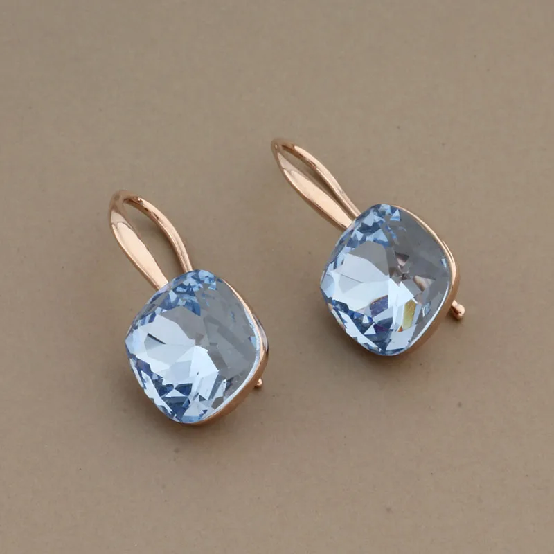 Drop Earrings Women 585 Rose Gold Color Square Blue Wedding Party Jewelry