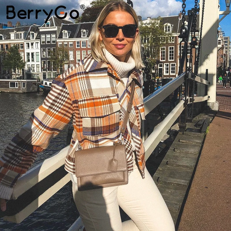 wonderful  BerryGo Single breasted women plaid jacket coat Long sleeve Streetwear oversize ladies coat casual 