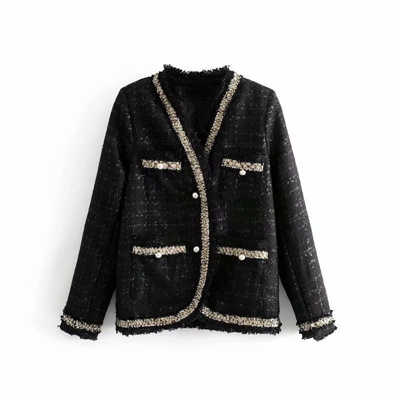 

F5463-Western Style WOMEN'S Dress 2019 Spring And Autumn New Style Graceful V-neck Pearl Clasp Tweed Coat Women's