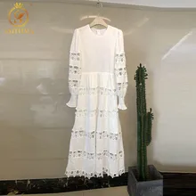 Женское длинное платье SMTHMA, белое ажурное винтажное платье-макси в стиле пэчворк с длинным рукавом, весна