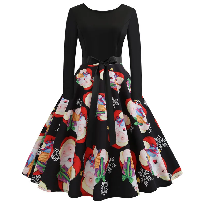 Женское элегантное рождественское платье с длинным рукавом и принтом, винтажные вечерние платья с поясом, черные осенне-зимние облегающие платья с цветочным принтом Vestidos - Цвет: B002