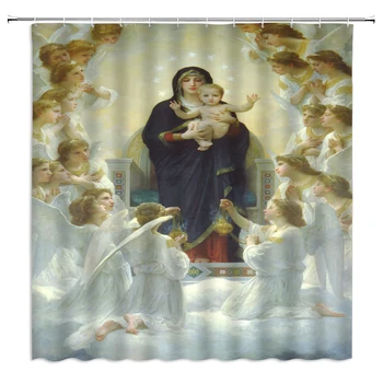 

2020 New Hot Jesus Christ Bless Decoration Shower Curtain Polyester Fabric 3D Durable Waterproof Virgin Mary Newborn Baby Angel