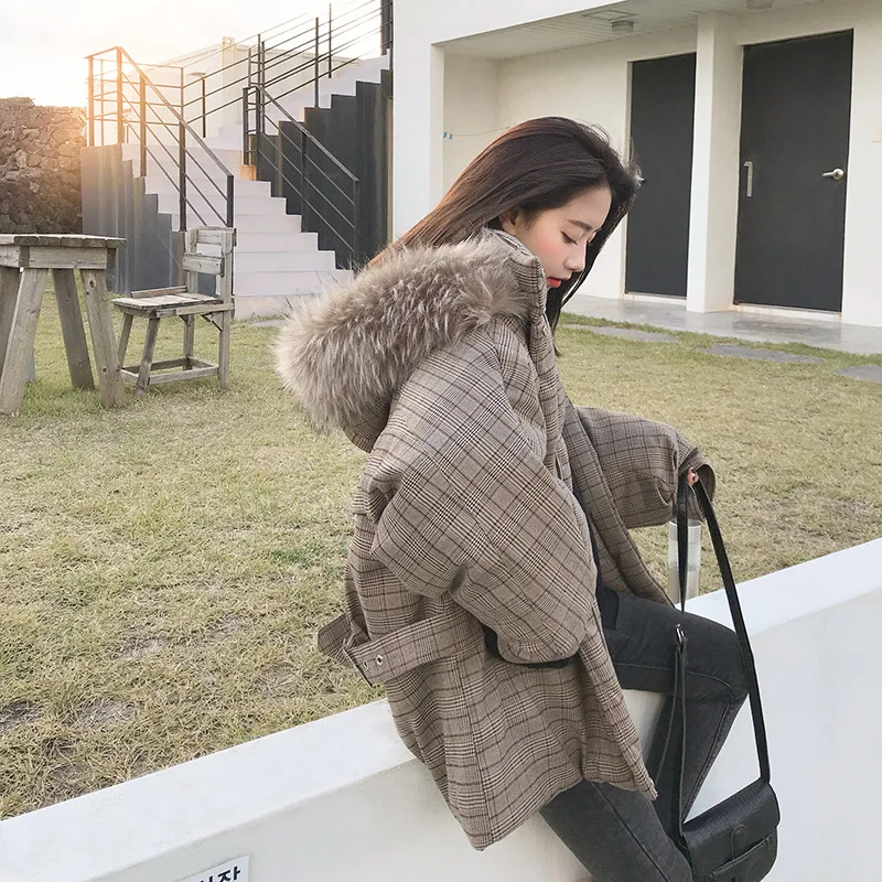 

Main Push Hot Selling 2018 Winter New Style Korean-style WOMEN'S Wear Large Fur Collar Plaid Parker Short Cotton-padded Clothes
