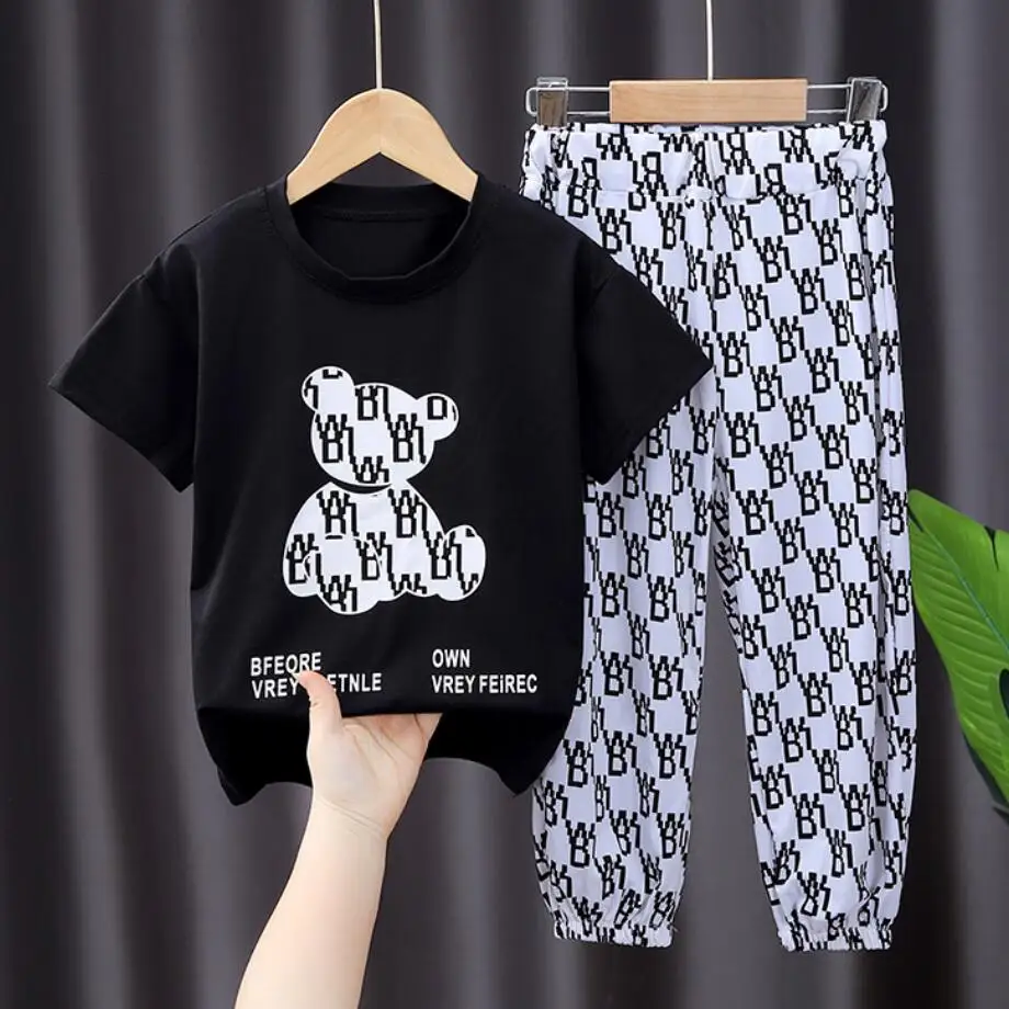 Kids Clothing Set Girls Boys Short Sleeves Love Bear Letter T-Shirt + Pants Baby Two-Piece Summer Fashion Korean Version Sportswear