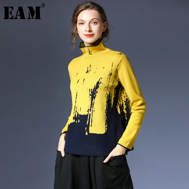 

[EAM] Yellow Split Joint Print Knitting Sweater Loose Fit High Collar Long Sleeve Women New Fashion Autumn Winter 2019 1D901