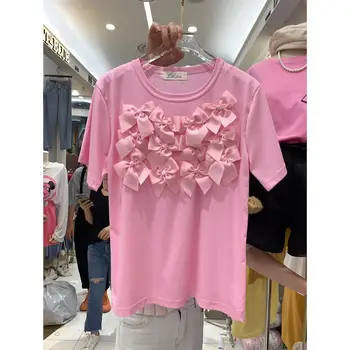 

Tshirt for Woman Summer Loose T Shirt Pretty Three-Dimensional Bow Short Sleeve T-shirt Female Personality Top Ladies Tops