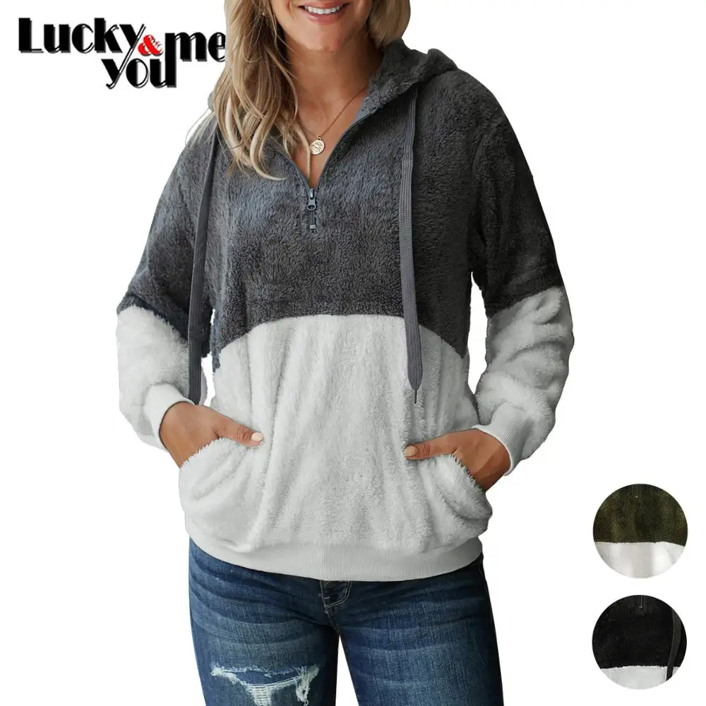 

New Arrive 2020 Spring Autumn Winter Women Patchwork Flannel Zipper Warm Hoodie Tops Girl Casual Home Street Hooded Pullover Top