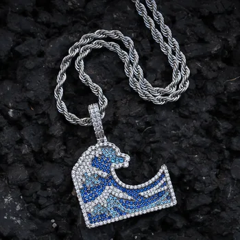 

Hip Hop Jewelry Choker Gold Silver Color Iced Out Colorful CZ Great Wave off Kanagawa Pendant Necklace Women Men Jewelry Gifts