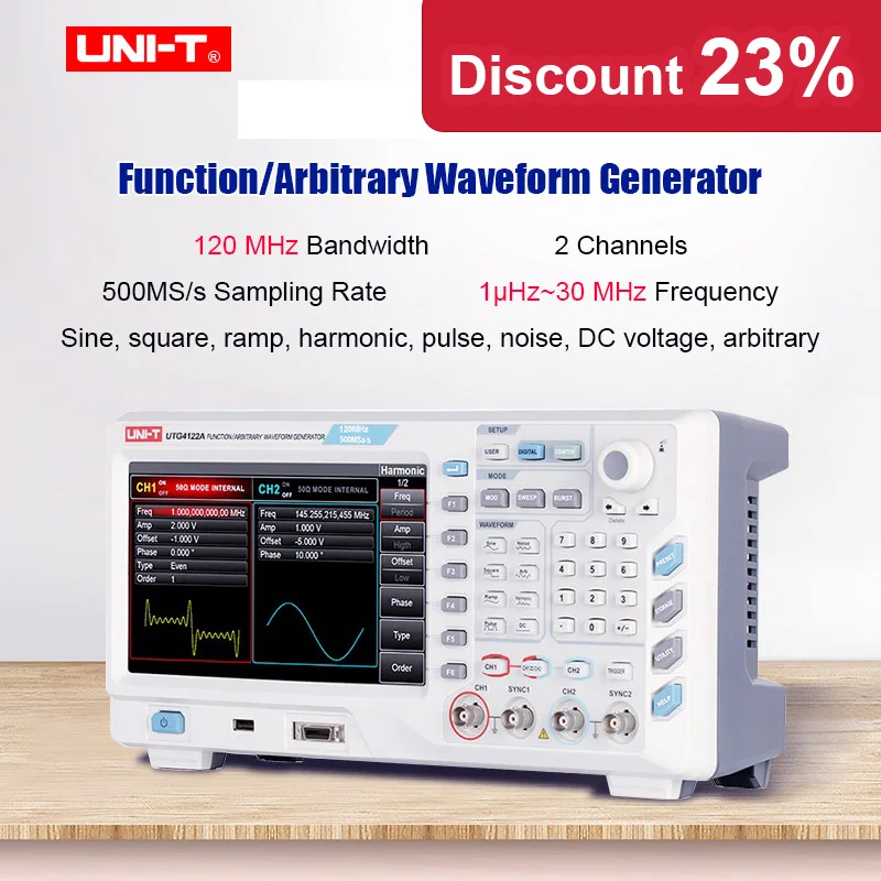 

UTG4122A Function/Arbitrary Waveform Generator 2 Channels 120MHz Bandwidth 500MS/s Sampling rate AM,FM,PM,ASK,FSK,PSKModulations